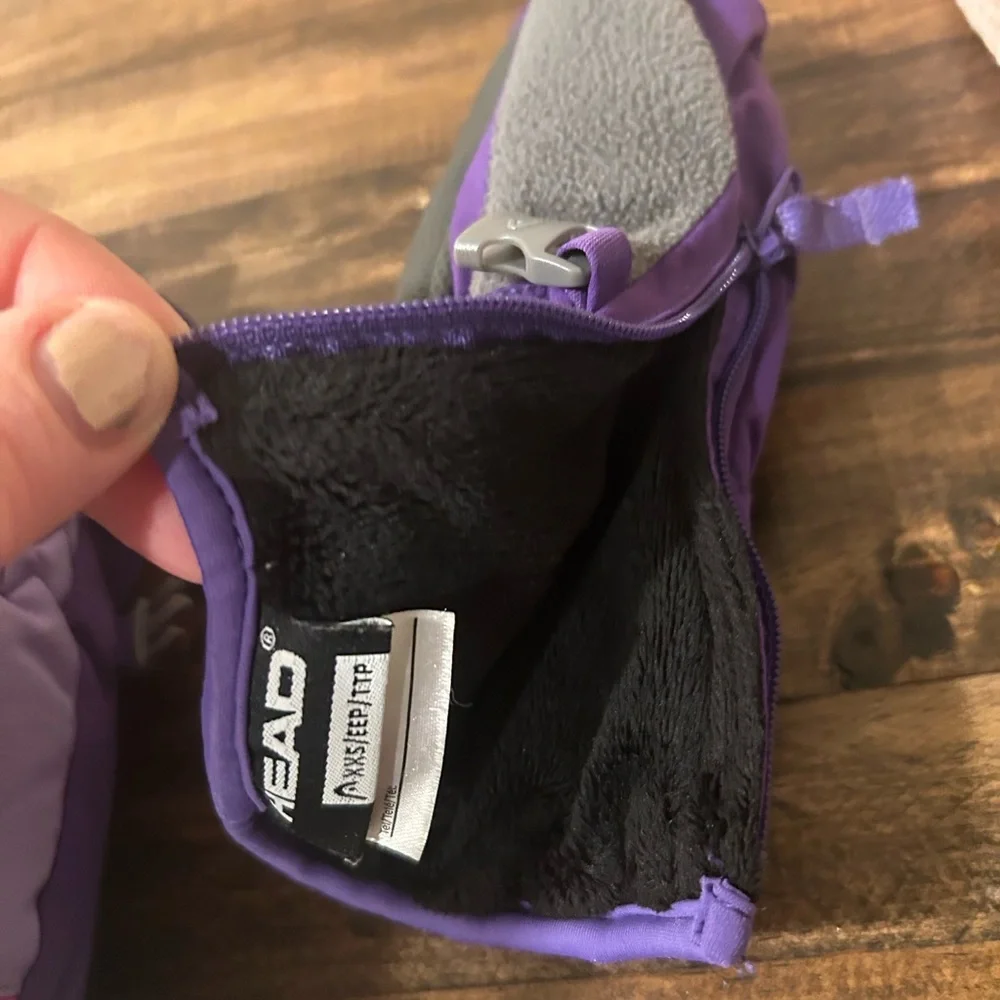 Head Kids XXS fleece lined waterproof purple mittens with side zipper closure